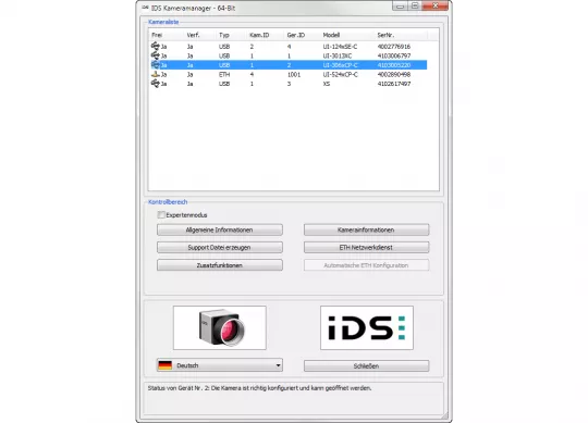 IDS Software Suite für Industriekameras: IDS Kameramanager - Kameraliste