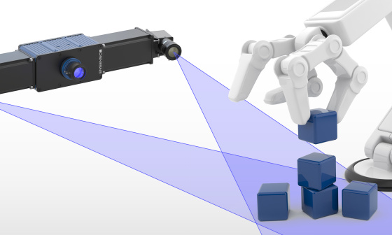 Illustration eines Roboterarms, der Kisten stapelt und einer Ensenso 3D-Kamera.