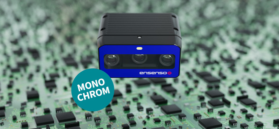 Ensenso B 3D Kamera mit Platine im Hintergrund und Aufschrift "Monochrom"