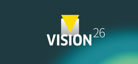Grafik mit dem Schriftzug «VISION26» auf blaugrünem Hintergrund.