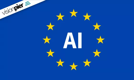 In einer EU-Flagge steht das Schlagwort "AI". In der Ecke befindet sich das Logo von visionpier.