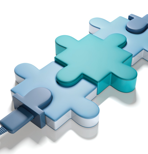 3 Puzzleteile, die links unten mit einem Kabel angeschlossen sind