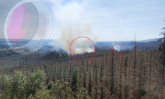 Rot markierter Waldbrand, links oben verblasst befindet sich eine IDS Industriekamera 