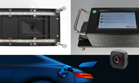 Collage mit Prüfvorrichtung, WESTCAM-Gerät, E-Auto und Industriekamera