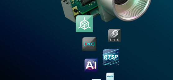 IDS uEye Event-based Kamera mit mehreren Icons für TOF, EVS, REC, RTSP, AI, MPEG, H264.