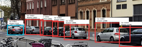 IDS Industriekamera analysiert Straße mit fahrenden und parkenden Autos.