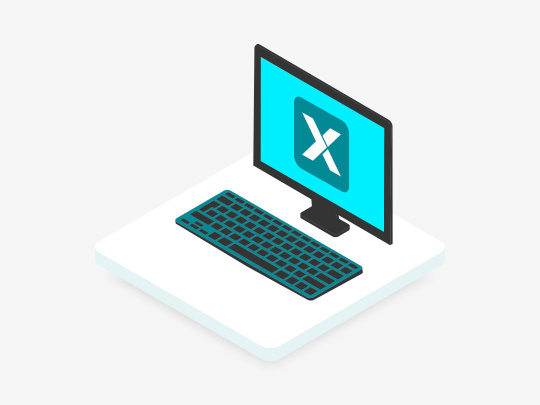 Isometrische Computerillustration mit blauem Bildschirm und weißem „X“-Logo.