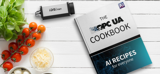 IDS NXT und ein Buch namens "The OPC UA Cookbook" neben Lebensmittel