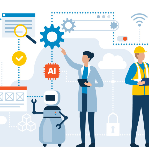 Grafische Darstellung von zwei Menschen und ein Roboter, viele verschiedene Symbole wie AI, WLAN oder Zahnräder 