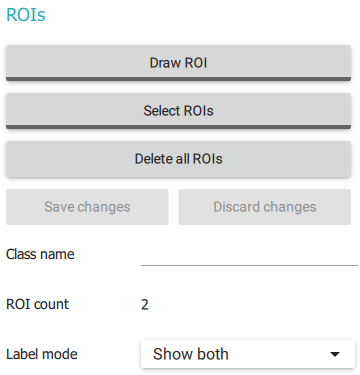 Screenshot vom ROI-Manager mit verschiedenen Optionen: Draw ROI, Select ROI, Delete all ROIs, Save changes, Discard changes, Class name, ROI count, Label mode