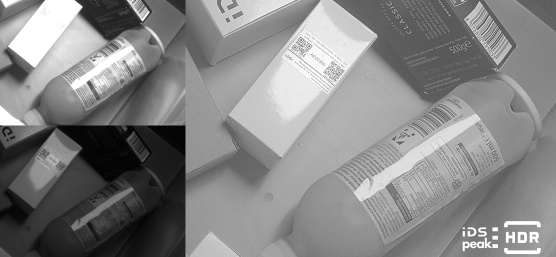 Helle und dunkle Aufnahme von Verpackungen und Flasche sowie HDR-Ergebnis