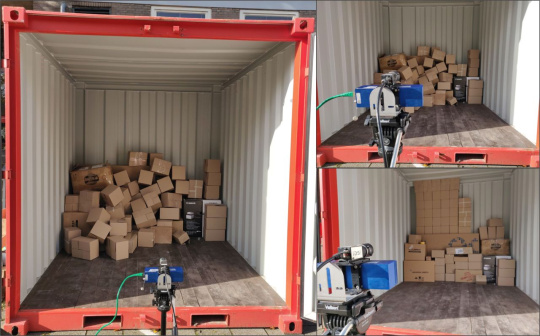 Container, der mithilfe einer IDS Ensenso Industriekamera inspiziert wird, im Container befinden sich unterschiedlich gestapelte Kartons