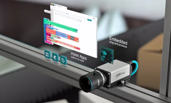 IDS NXT KI Kamera mit Objektiv und PoE-Anschluss, umgeben von KI Software zur Bildanalyse