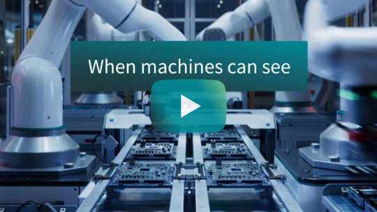 Roboterarme, Startbutton für Video und Aufschrift: When machines can see
