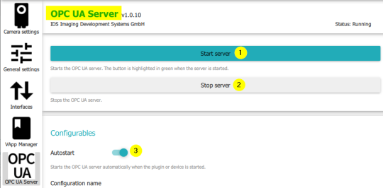 Im Bereich OPC UA Server sind Möglichkeiten zum Starten, Stoppen und Autostart des Servers markiert.