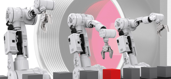 Illustration von Robotern, die vor einer Kamera stehen und Würfel von einem Förderband greifen.