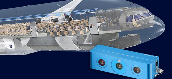 Frontteil eines Flugzeugs, Blick ins Innere der Kabine, vorne Ensenso 3D-Kamera
