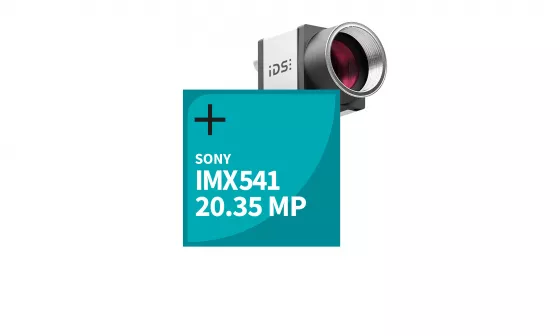 Zeigt uEye+ CP Kamera, davor Fläche mit dem Text des Sensornamens IMX541 und der Auflösung 20 MP