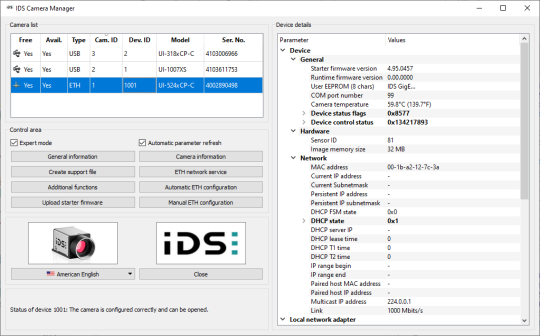 Screenshot IDS Kameramanager und Anwendungen (Zum Beispiel: Camera list, device details)