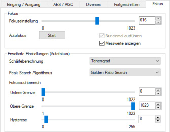 Fokus-Dialogfeld im uEye Cockpit