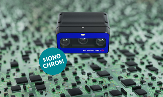 Ensenso B 3D Kamera mit Platine im Hintergrund und Aufschrift "Monochrom"
