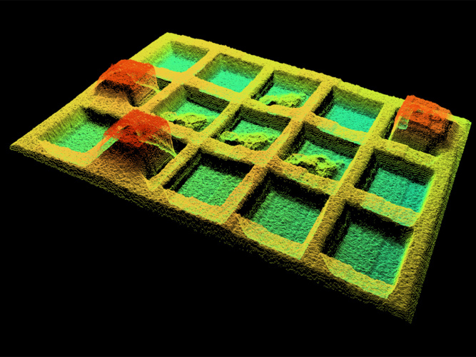 Bunte 3D‑Punktwolke eines unterteilten Tabletts mit Erhebungen