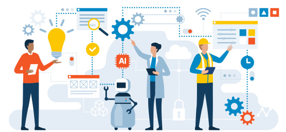 Grafische Darstellung von zwei Menschen und ein Roboter, viele verschiedene Symbole wie AI, WLAN oder Zahnräder 