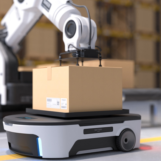 Ein Roboterarm platziert einen Karton auf einem selbst fahrenden Roboter.