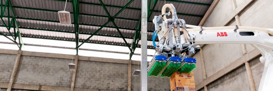 Roboterarm bei automatisierten Depalletierungsaufgaben.