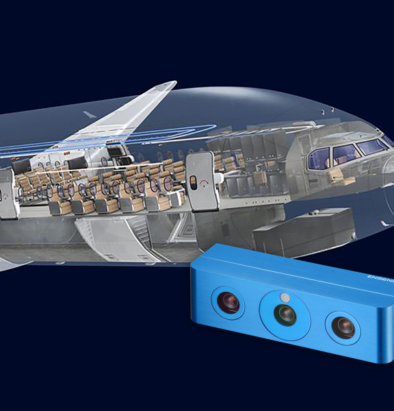 Vorderer Teil eines Flugzeugs mit Blick ins Innere der Kabine mit Ensenso 3D-Kamera im Vordergrund.
