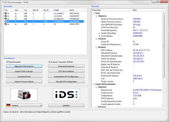IDS Software Suite für Industriekameras: IDS Kameramanager - Expertenmodus