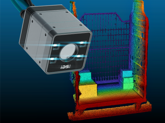 Nion 3D-Kamera mit Punktwolke einer Gitterbox mit Paketen im Hintergrund