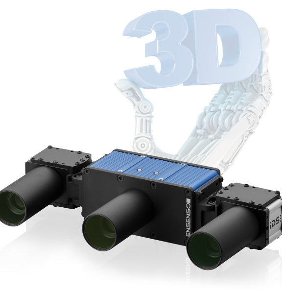 Kamera Ensenso X Serie und im Hintergrund eine Roboterhand, die einen Schriftzug "3D" hält