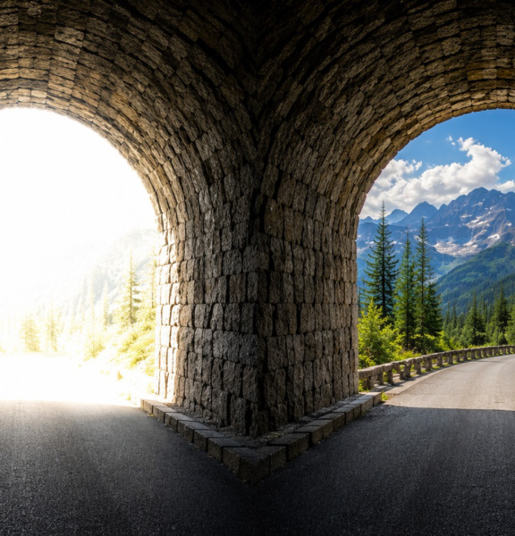 Blick aus einem Tunnel mit überbelichtetem Hintergrund und mit HDR im Vergleich