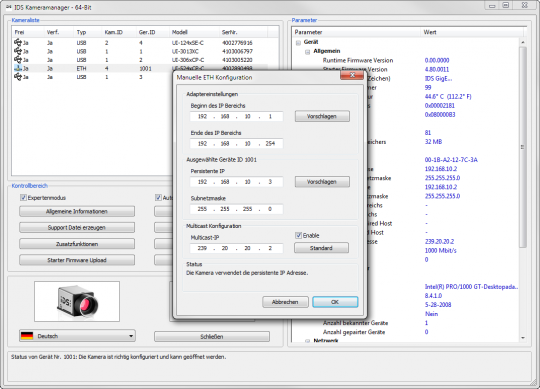 IDS Software Suite für Industriekameras: IDS Kameramanager - manuelle ETH Konfiguration