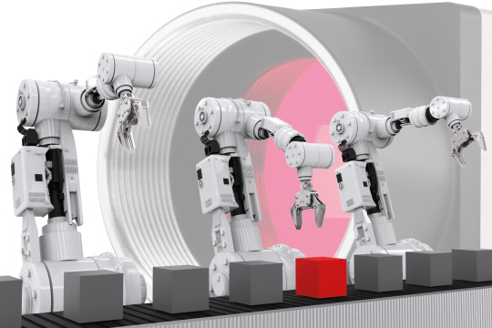 Illustration von Robotern, die vor einer Kamera stehen und Würfel von einem Förderband greifen.
