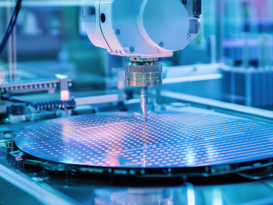 Mikrochip wird von Präzisionsroboter bearbeitet