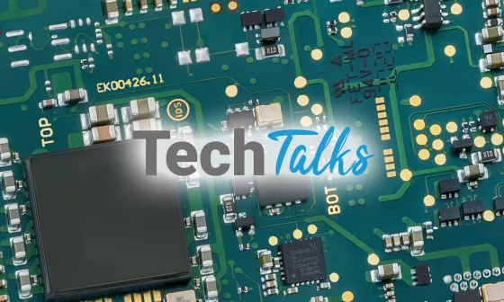 InVISION TechTalks Logo. Der Hintergrund zeigt eine Kameraplatine.