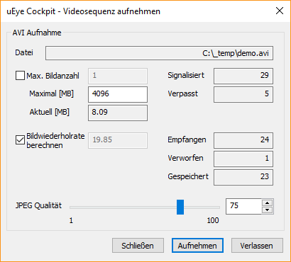 Einstellungen zum Aufnehmen von Videosequenzen aus der IDS Software Suite.
