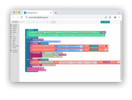 Auf der Website mit geöffneter IDS lighthouse App ist ein komplexerer aus Blöcken gebauter Code ersichtlich.