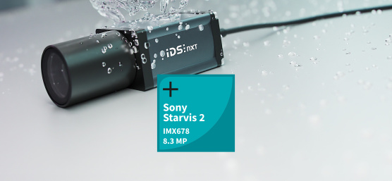 Wasserstrahl trifft IDS NXT oslo, daneben Sony Starvis 2 IMX678 Icon.