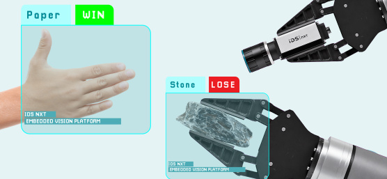 Menschenhand und Roboterarm zeigen Geste, IDS NXT Kamera wertet sie aus.