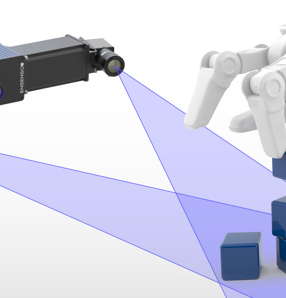 Illustration eines Roboterarms, der Kisten stapelt und einer Ensenso 3D-Kamera.