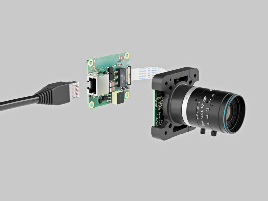Modulares Industriekamera-System mit Objektiv, Sensormodul, Daughterboard und Ethernet-Schnittstelle für flexible Bildverarbeitungslösungen