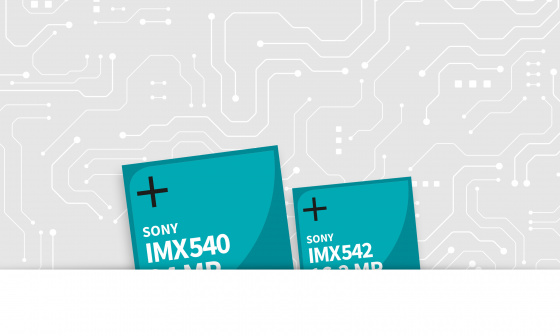 Stilisierte Darstellung einer Platine, darunter zwei Boxen mit den Sensornamen IMX540 und IMX542