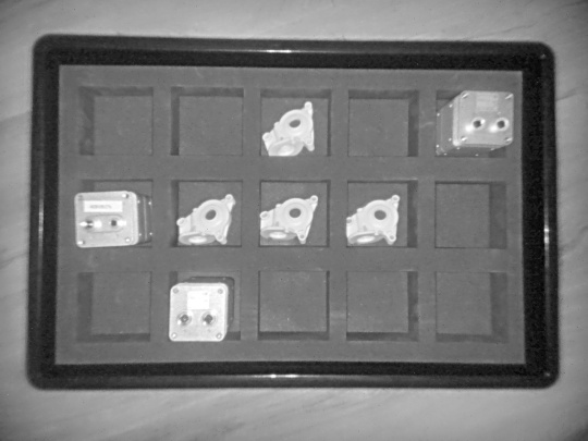 Graues Intensitätsbild der Nion 3D Kamera zeigt verschiedene Objekte in einer Box mit Sortierablagen aus der Aufsicht.