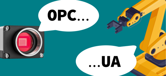 uEye Kamera und Roboter (jeweils abgeschnitten), die miteinander in Sprechblasen über OPC UA sprechen