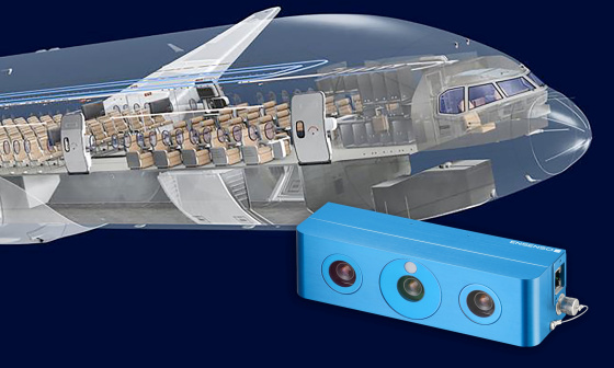 Frontteil eines Flugzeugs, Blick ins Innere der Kabine, vorne Ensenso 3D-Kamera