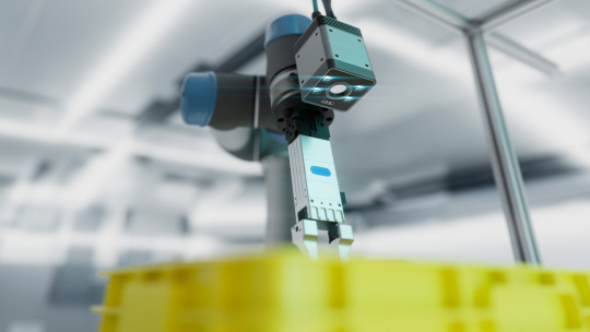 Nion 3D-Kamera an Roboterarm über einer Kiste