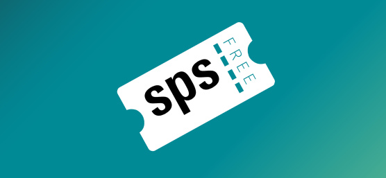Symbolische Eintrittskarte SPS Nürnberg auf wasserblauem Hintergrund